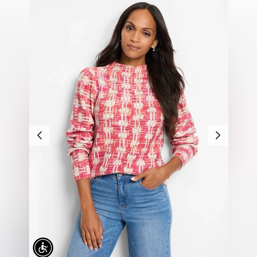 NWT Nic+Zoe Stamp Waffle Knit Sweater in Red Multi Size Petite L
